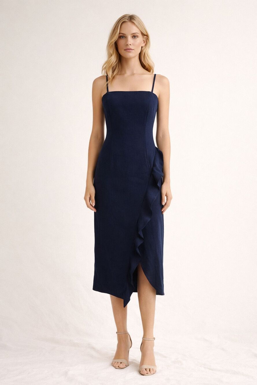 Bardot Sz US 8 EUR 40 Carmelle Ruffle Midi Dress Navy Party Formal Cocktail Sexy